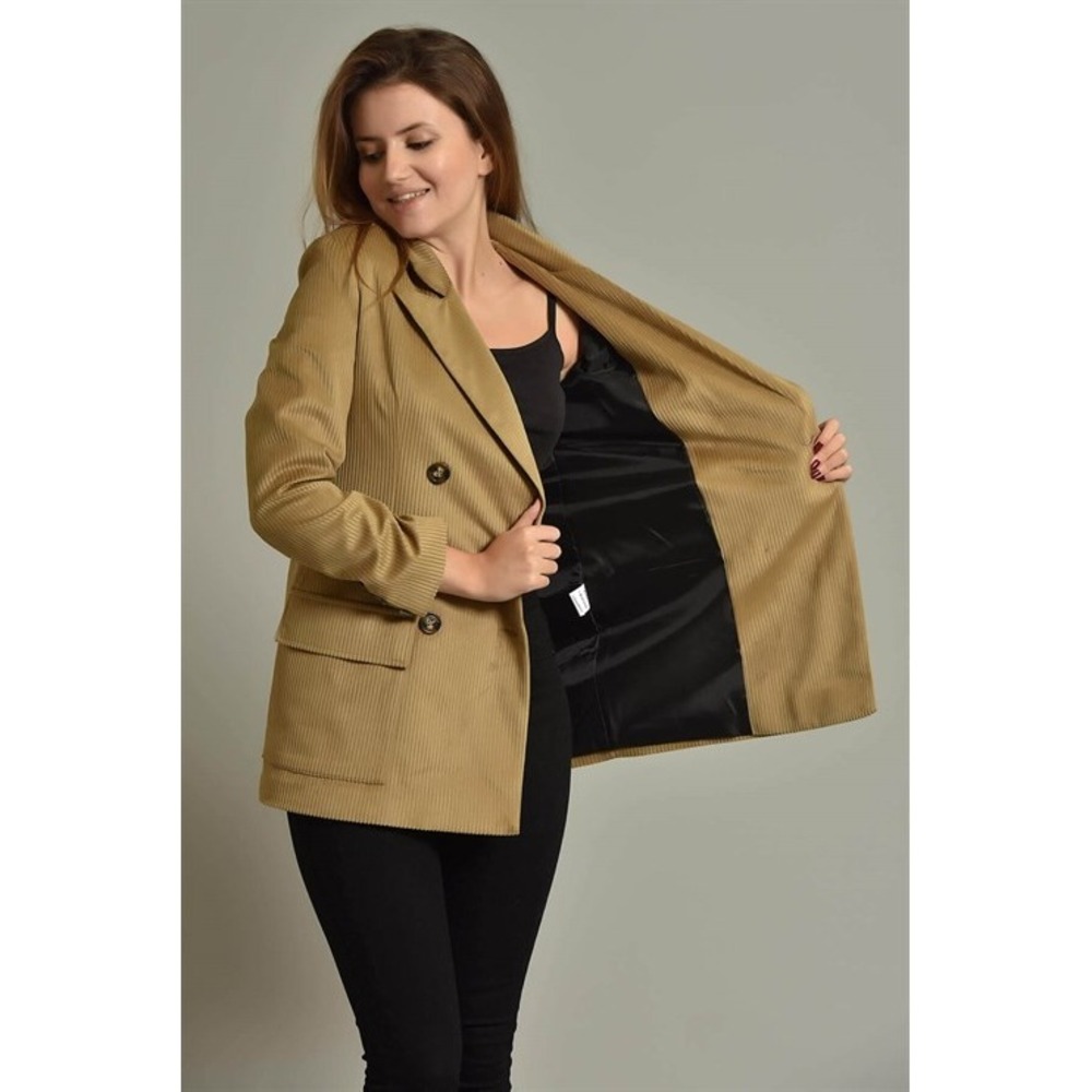 Sans Souci Double‎ Breasted Corduroy Blazer Jacket Camel Tan Gold Button -Size L